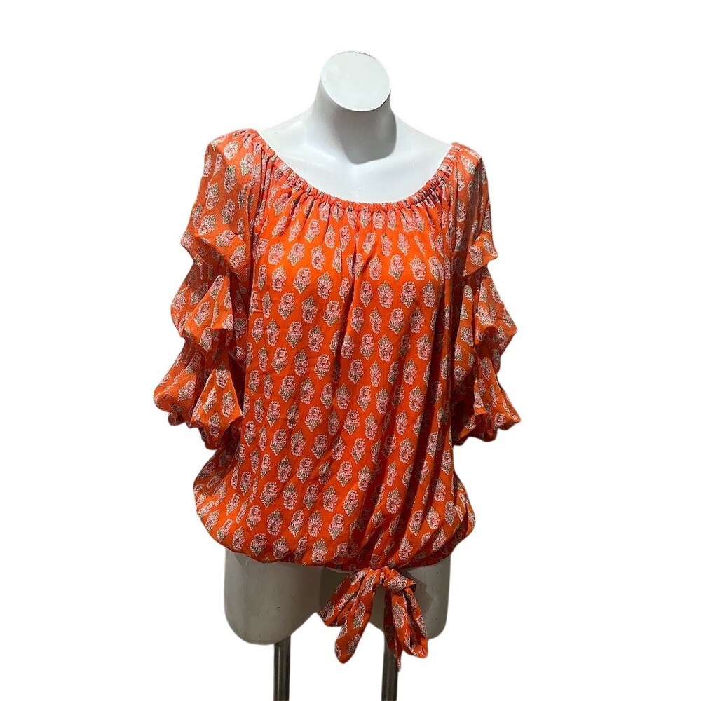CeCe Blouse Womens Size XL Orange Floral Off Shoulder Ruffle Long Sleeve
